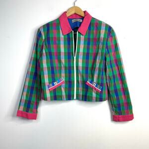 Vintage 90s Y2K Canvasbacks Madras Plaid Cropped Full Zip Jacket 12P 12 Petite L